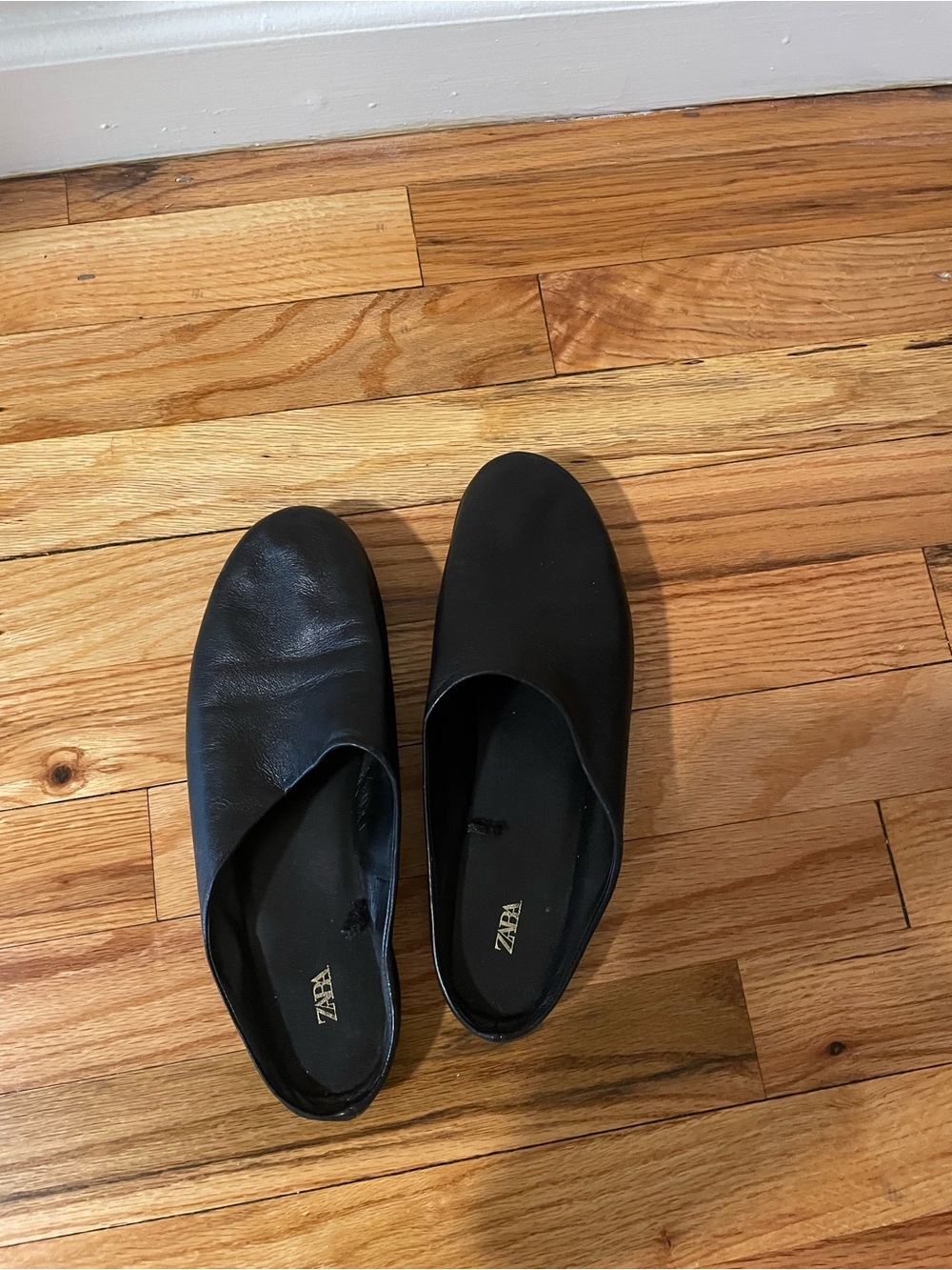 ZARA Black Leather Slip-On Mules